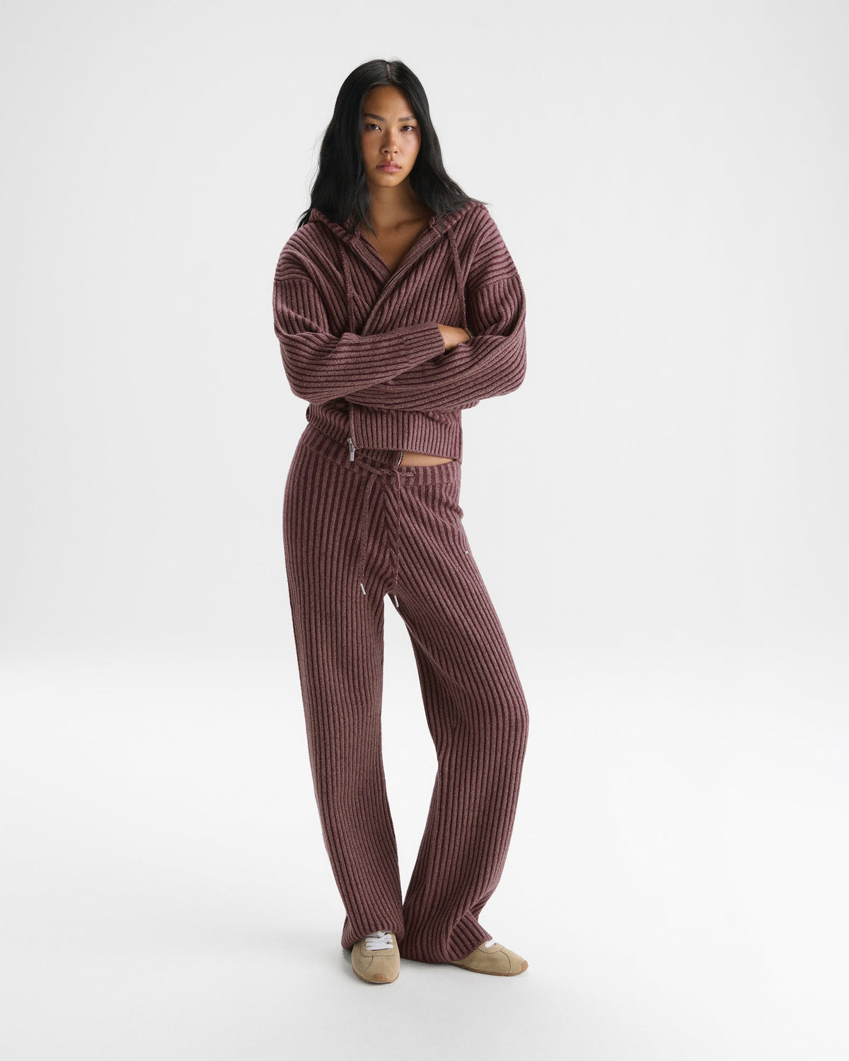 Two Tone Rib Knit Pants - Damson