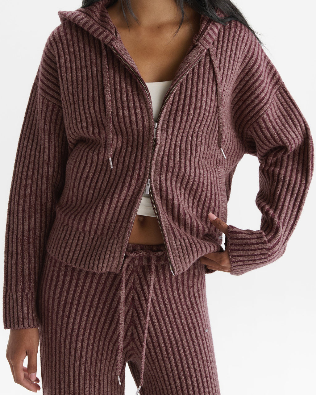 Two Tone Rib Knit Zip Through Hoodie - Damson