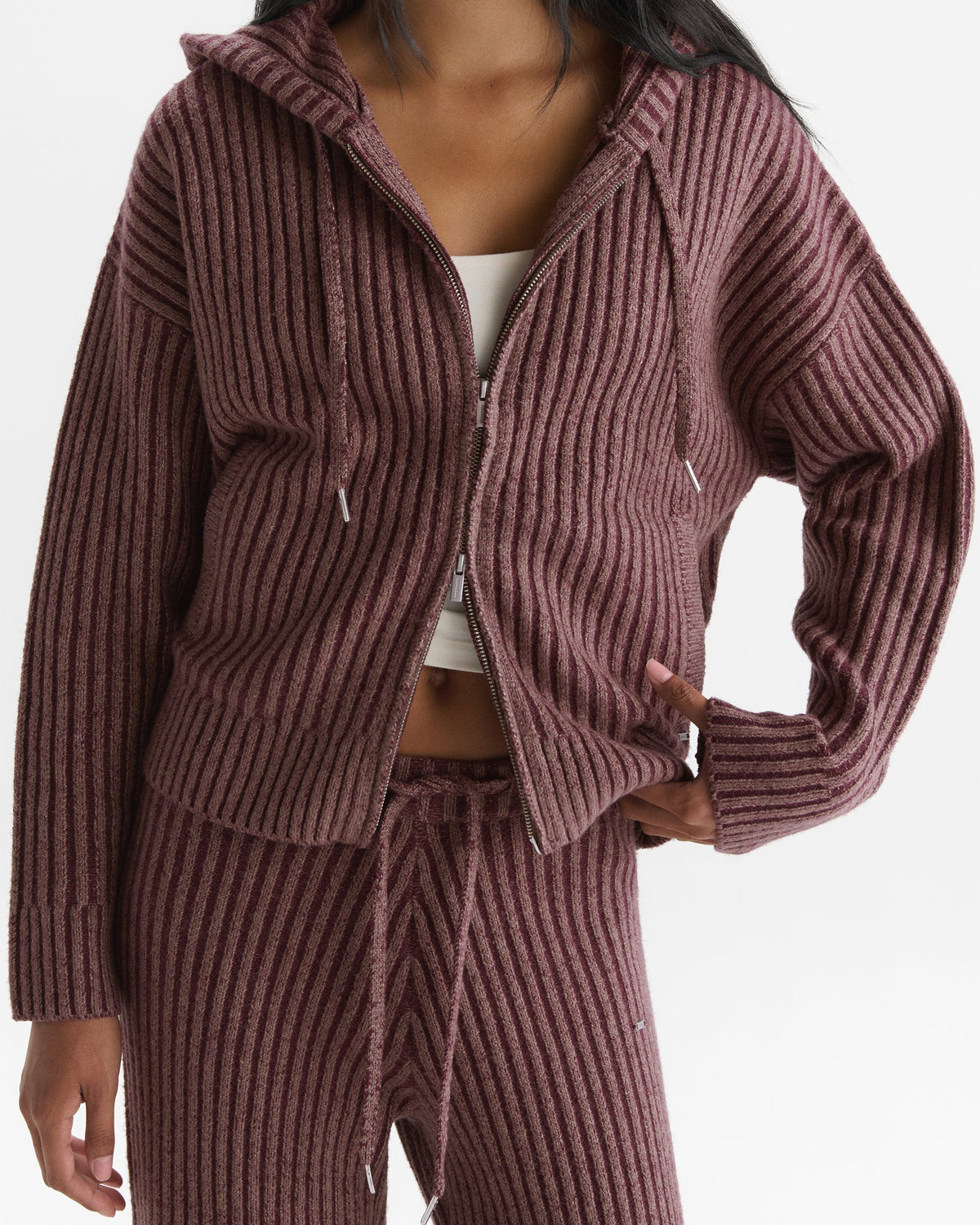 Two Tone Rib Knit Zip Through Hoodie - Damson