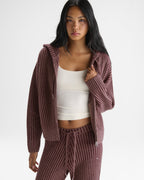 Two Tone Rib Knit Zip Through Hoodie - Damson