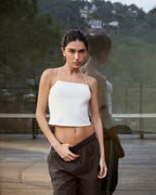 Toggle Back Rib Top - White