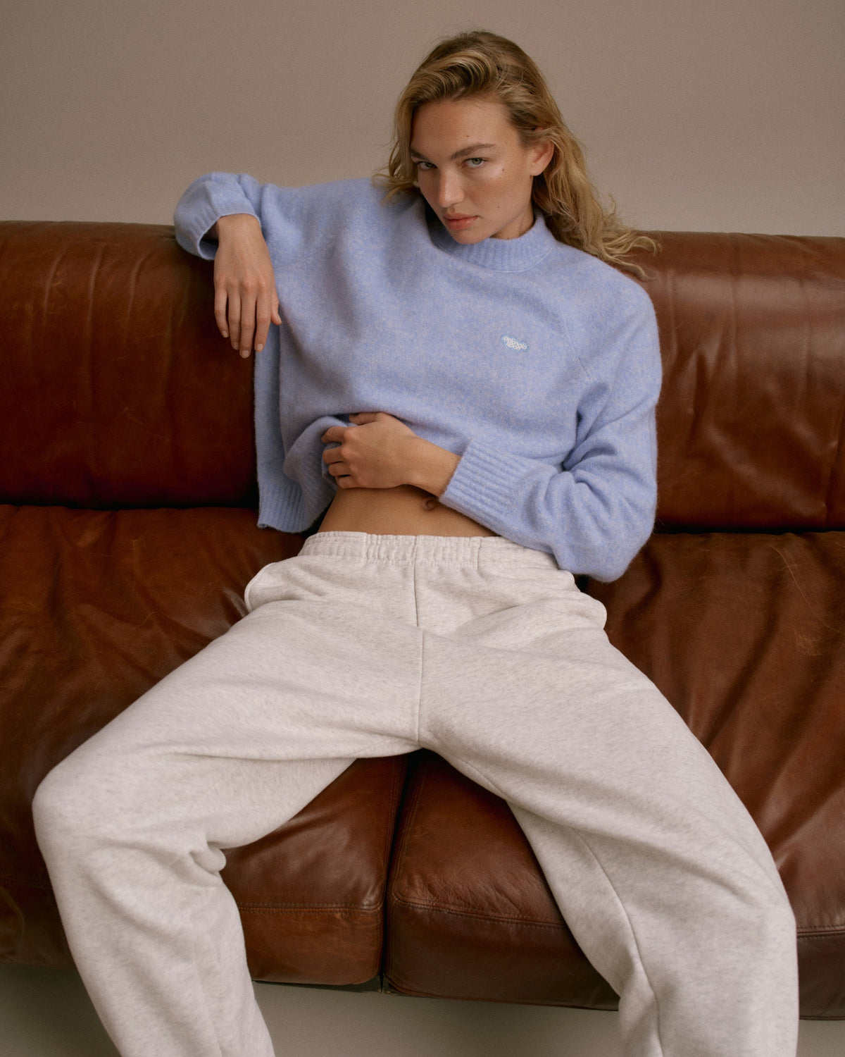 Knit Oversized Crew Sweatshirt - Baby Blue