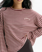 Knit Roll Hem Stripe Sweatshirt - Damson
