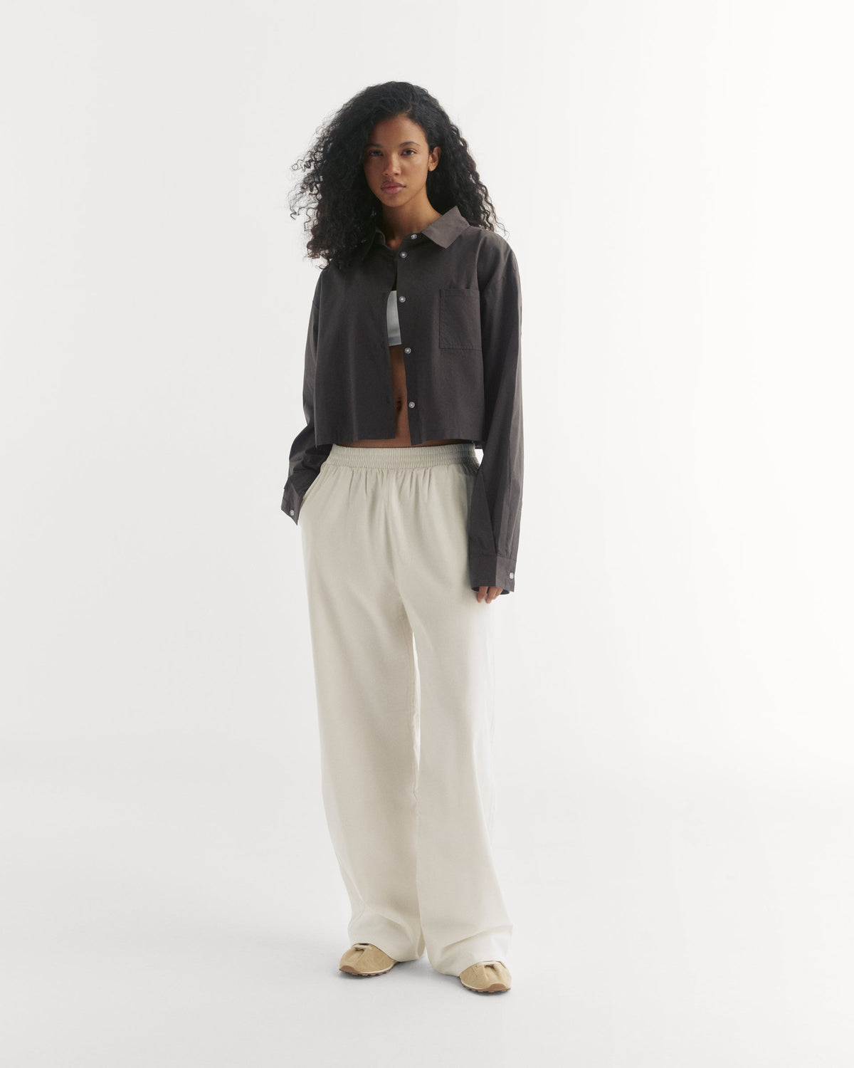 Cotton Cropped Shirt - Coffee Bean