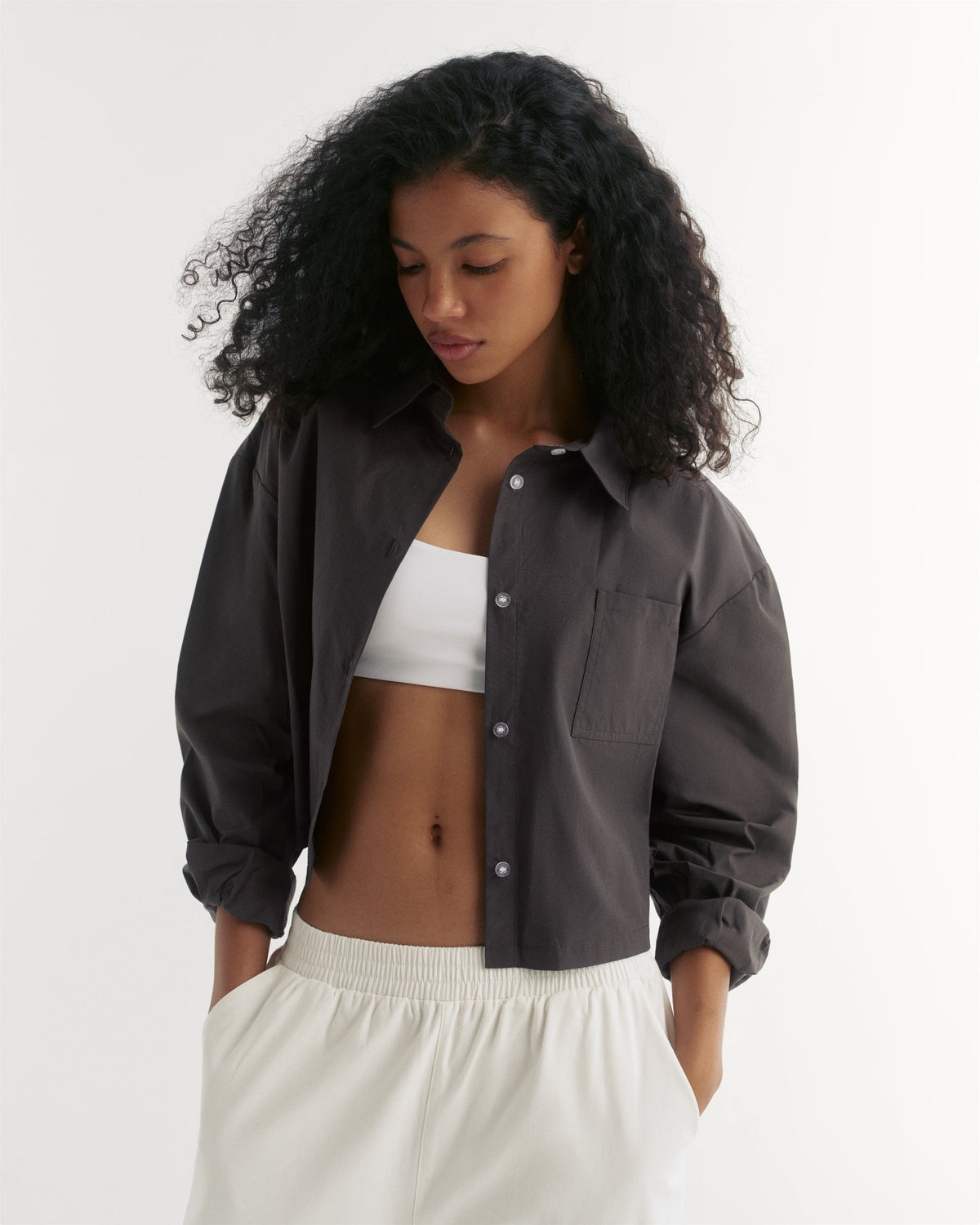 Cotton Cropped Shirt - Coffee Bean