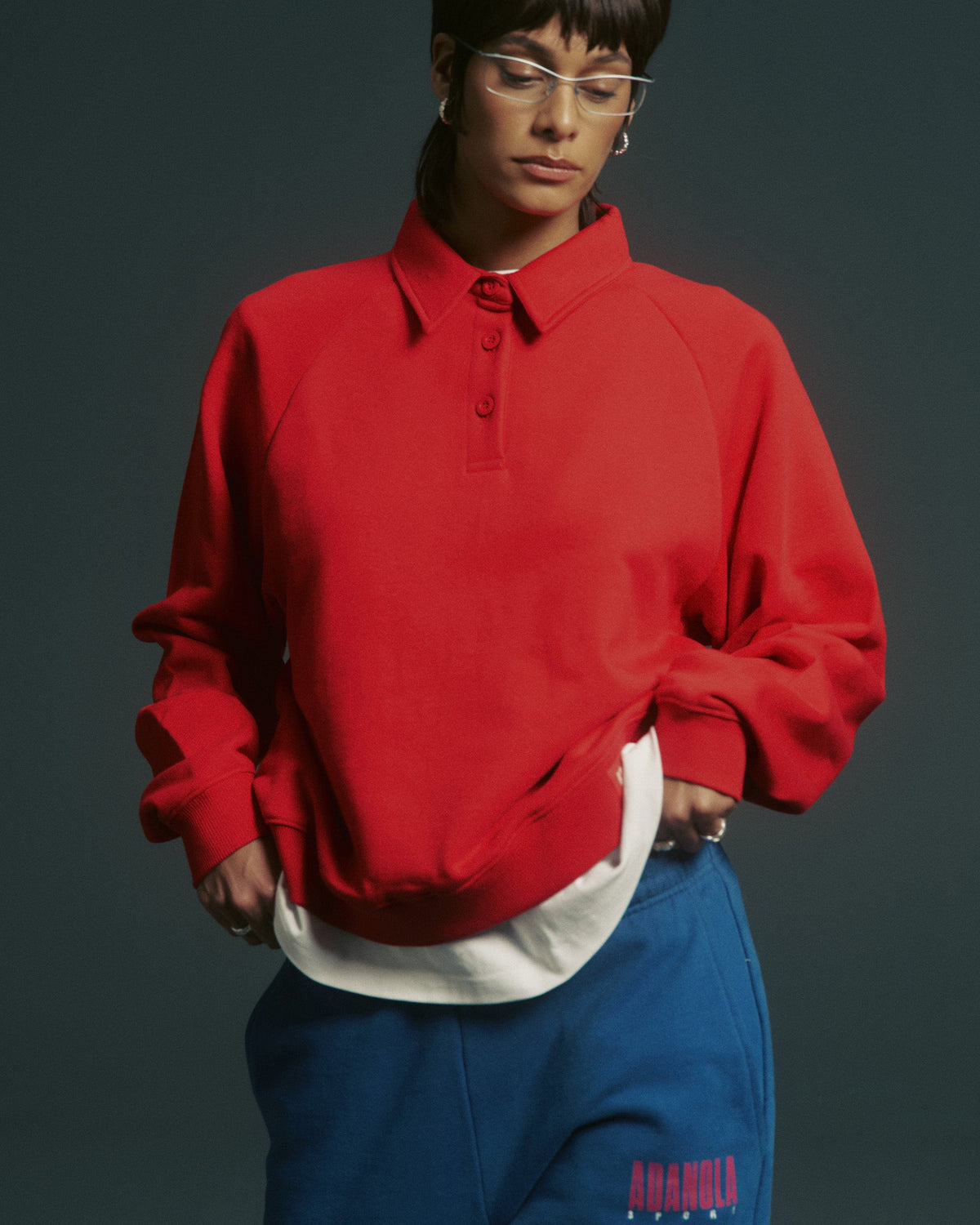 Raglan Polo Sweatshirt - Classic Red