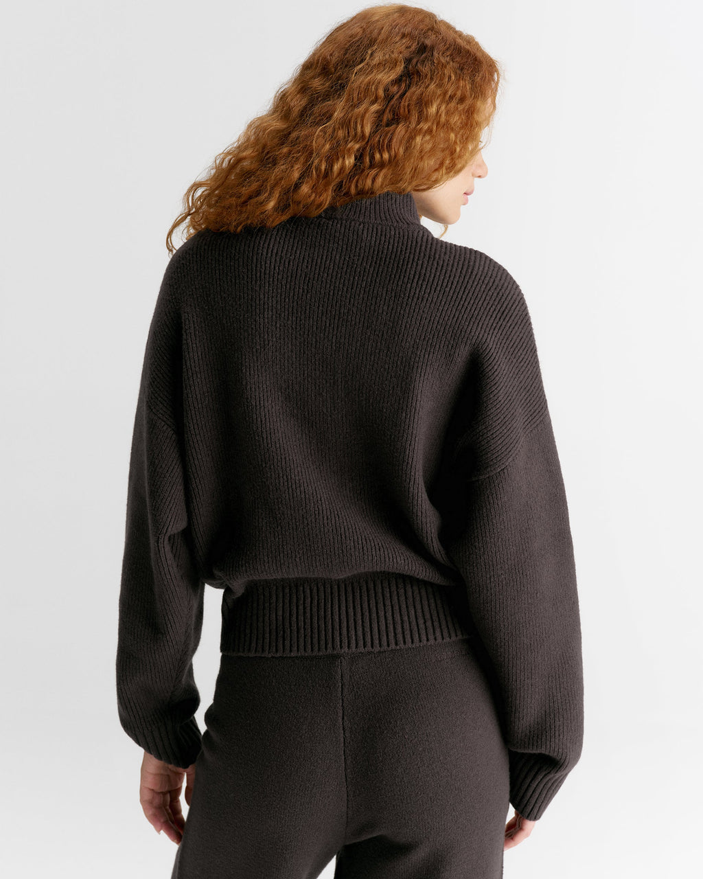 Ribbed Zip Through Knit Sweatshirt - Coffee Bean