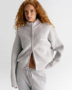 Ribbed Zip Through Knit Sweatshirt - Light Grey Melange