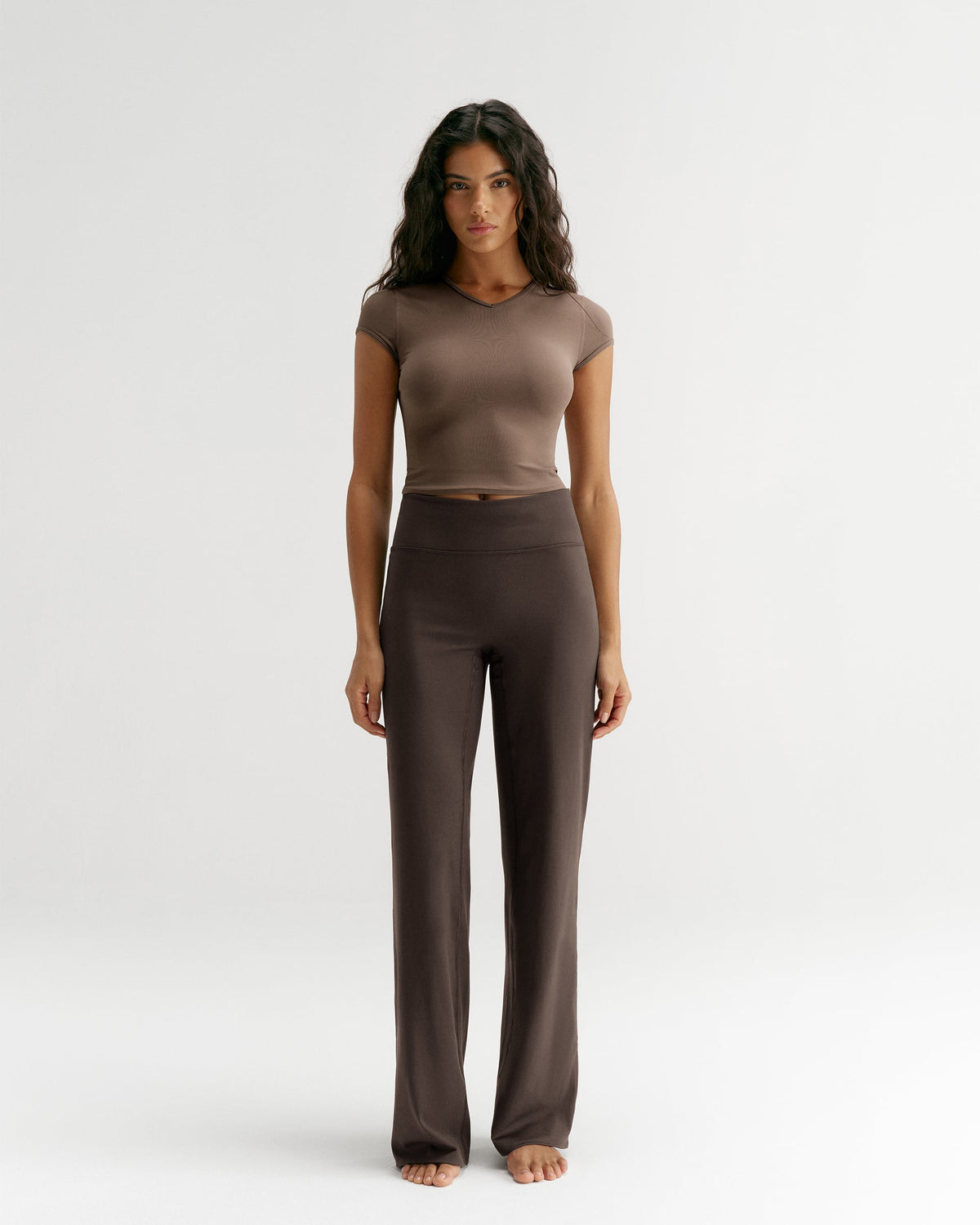 V-Neck Short Sleeve Yoga Top - Walnut Brown