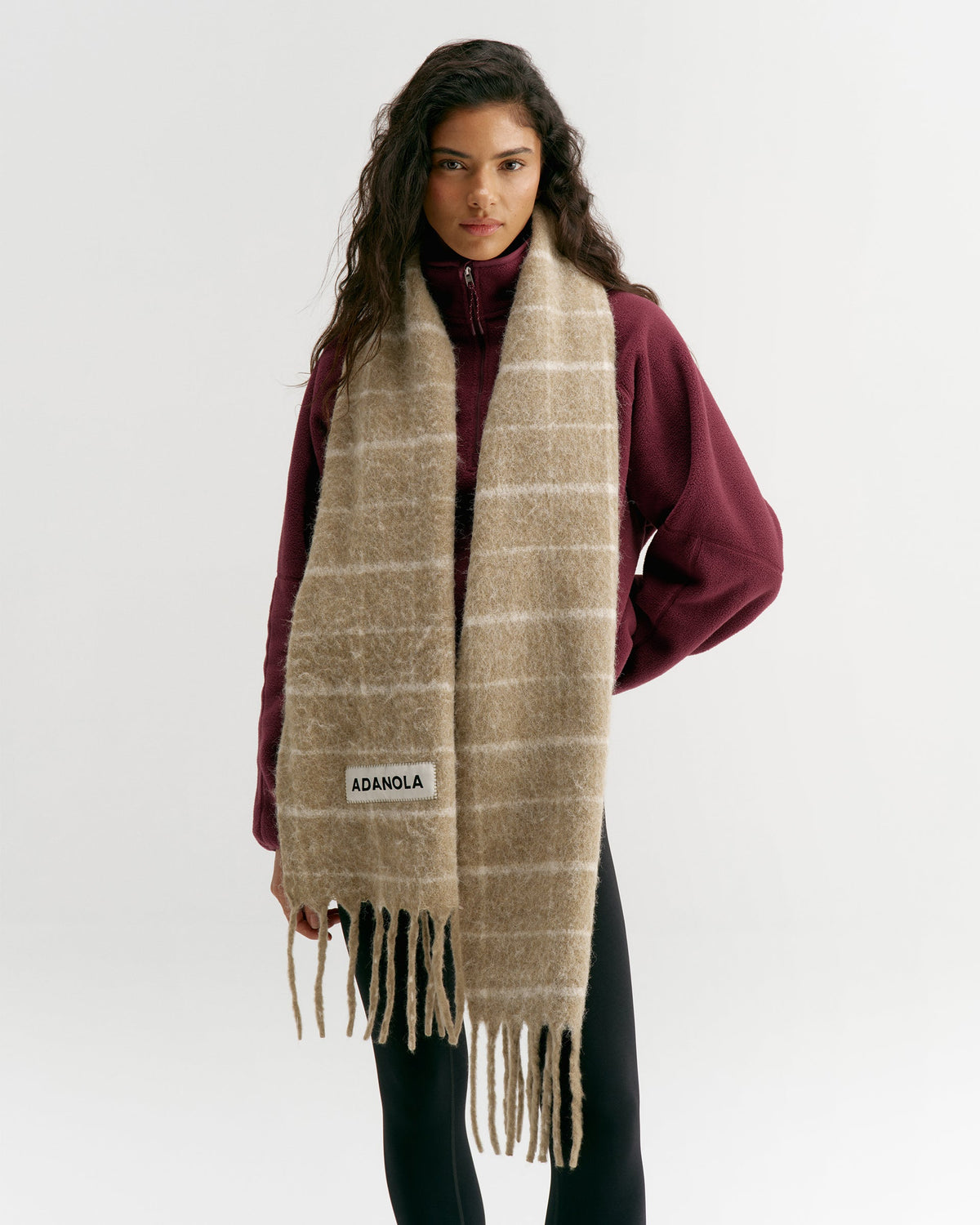 Wool Blend Brushed Checked Scarf - Stone/Marshmallow White