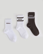 3 Pack Multi Branding Socks - White/Coffee Bean